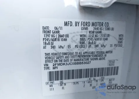 2011 Ford Edge Sel из США, поврежденный, VIN 2FMDK3JC0BBB53027